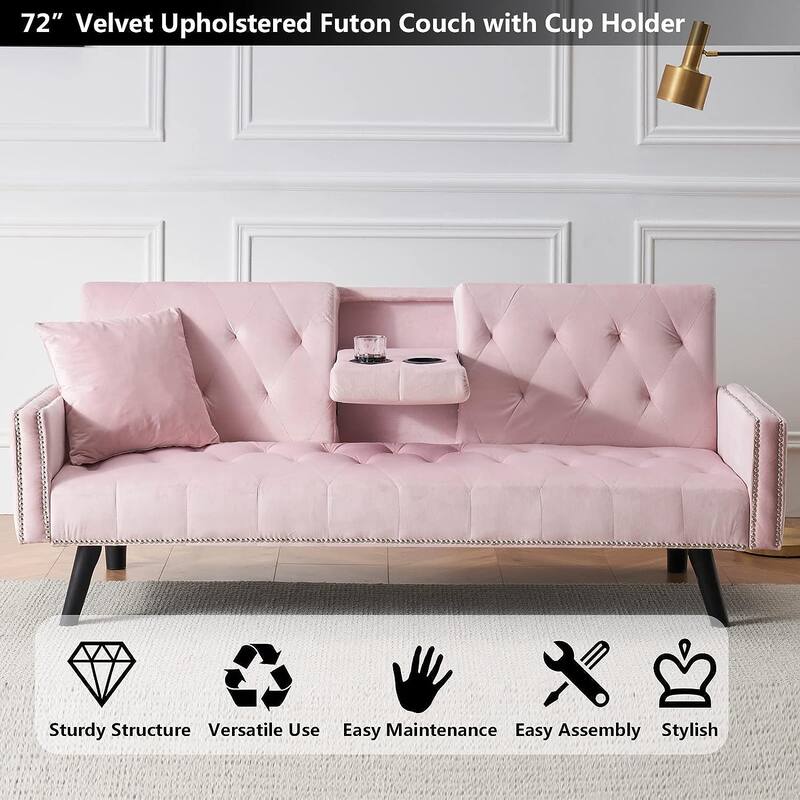 72" Velvet Futon Couch Living Room Tufted Convertible Sleeper Sofa Bed